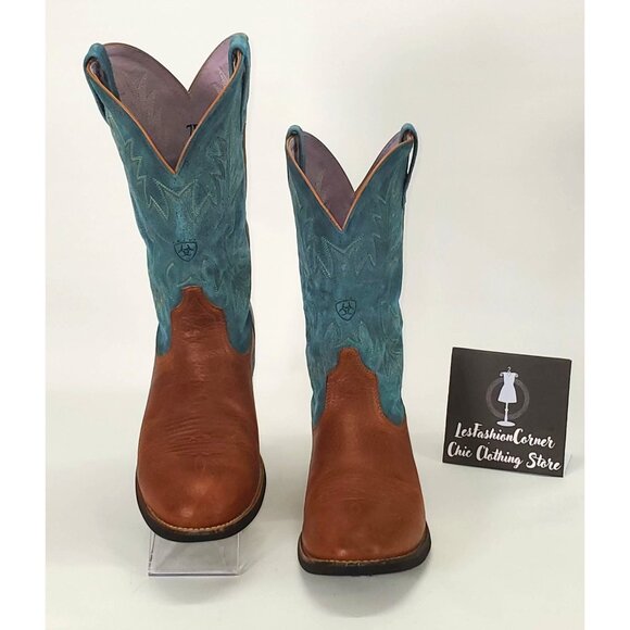 Ariat Women's Blue and Brown Leather Cowgirl Embroidered Wester Boots Sz 7B 1552 - Picture 3 of 15